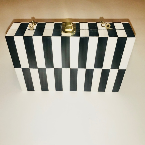 Black and white striped design piano evening clutch bag removable gold chain - Picture 1 of 15